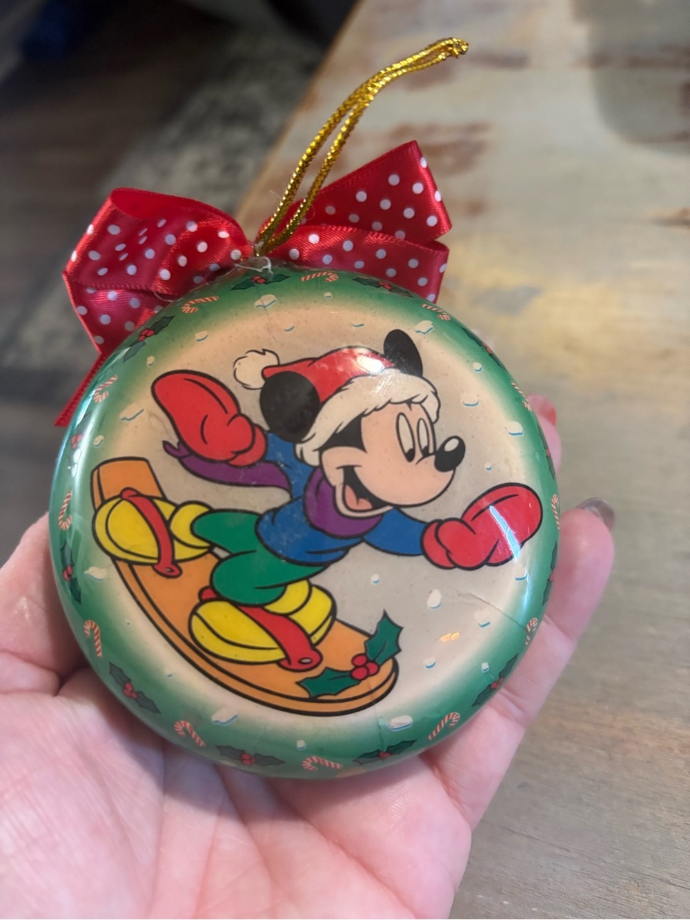 Disney Green and Red Mickey Snowboard Holiday Ornament